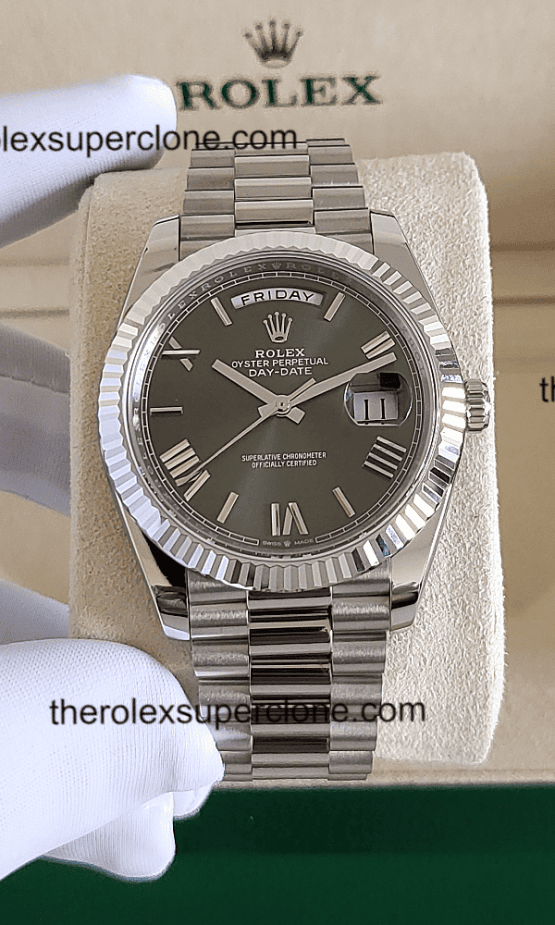 Rolex Day-Date 1:1 Super Clone Oyster Platinum Olive Green Dial 3255 Swiss Movement Replica Watch Ref-228236