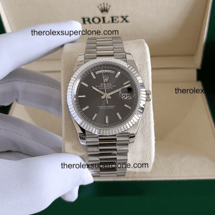 Rolex Day-Date 1:1 Super Clone Oyster White Gold Slate Dial 3255 Swiss Movement Replica Watch Ref-228239