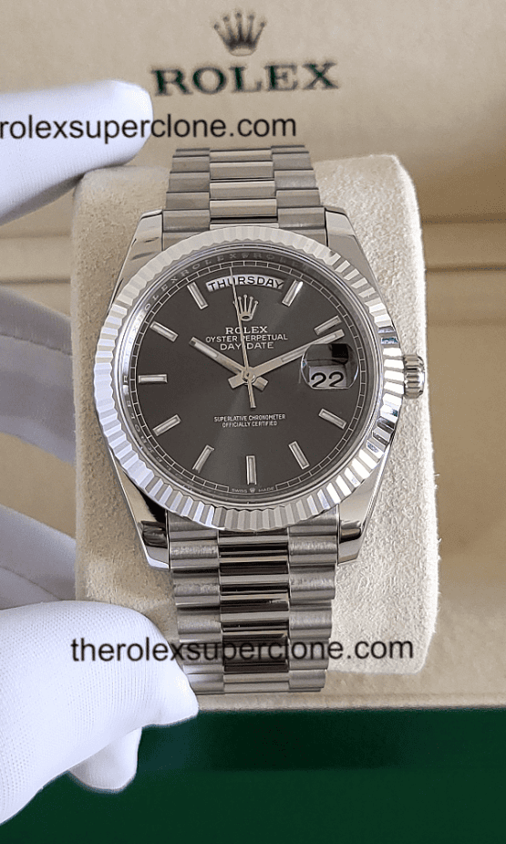 Rolex Day-Date 1:1 Super Clone Oyster White Gold Slate Dial 3255 Swiss Movement Replica Watch Ref-228239