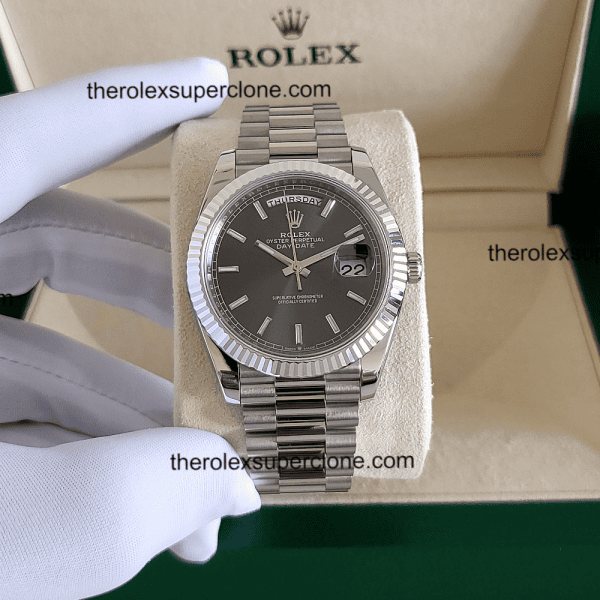 Rolex Day-Date 1:1 Super Clone Oyster White Gold Slate Dial 3255 Swiss Movement Replica Watch Ref-228239