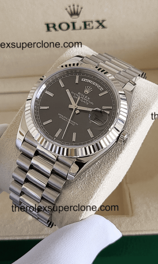 Rolex Day-Date 1:1 Super Clone Oyster White Gold Slate Dial 3255 Swiss Movement Replica Watch Ref-228239