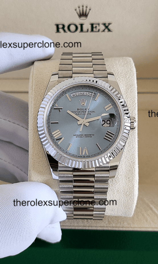 Rolex Day-Date 1:1 Super Clone Platinum Ice Blue Dial 3255 Swiss Movement Replica Watch Ref-228236