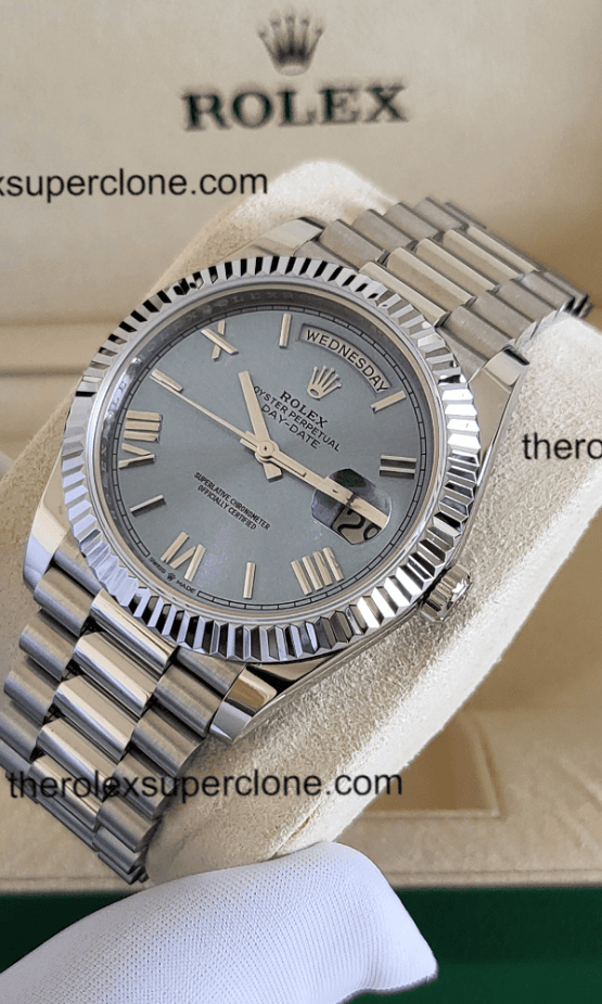 Rolex Day-Date 1:1 Super Clone Platinum Ice Blue Dial 3255 Swiss Movement Replica Watch Ref-228236