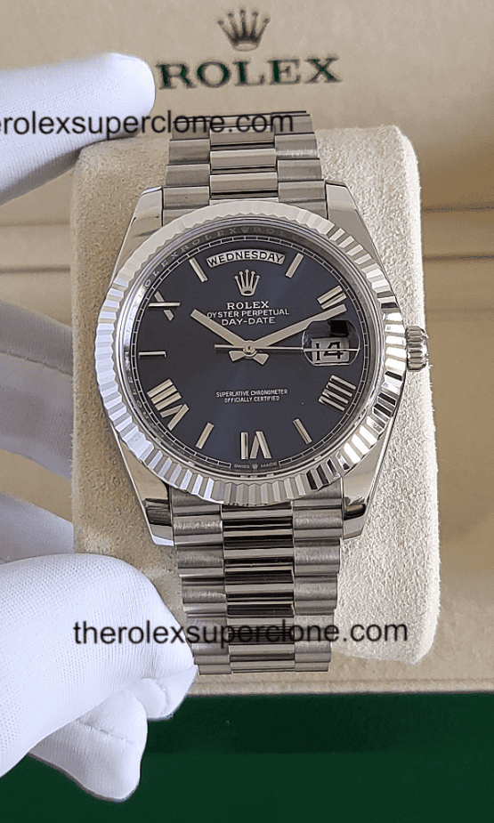 Rolex Day-Date 1:1 Super Clone White Gold Bright Blue Dial 3255 Swiss Movement Replica Watch Ref-228239