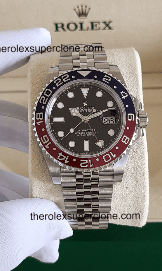 Rolex GMT Master II Pepsi 1:1 Super Clone Stainless Steel Jubilee Bracelet Black Dial 3285 Swiss Movement Replica Watch Ref-126710BLRO