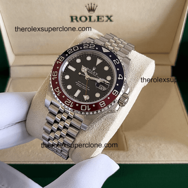 Rolex GMT Master II Pepsi 1:1 Super Clone Stainless Steel Jubilee Bracelet Black Dial 3285 Swiss Movement Replica Watch Ref-126710BLRO