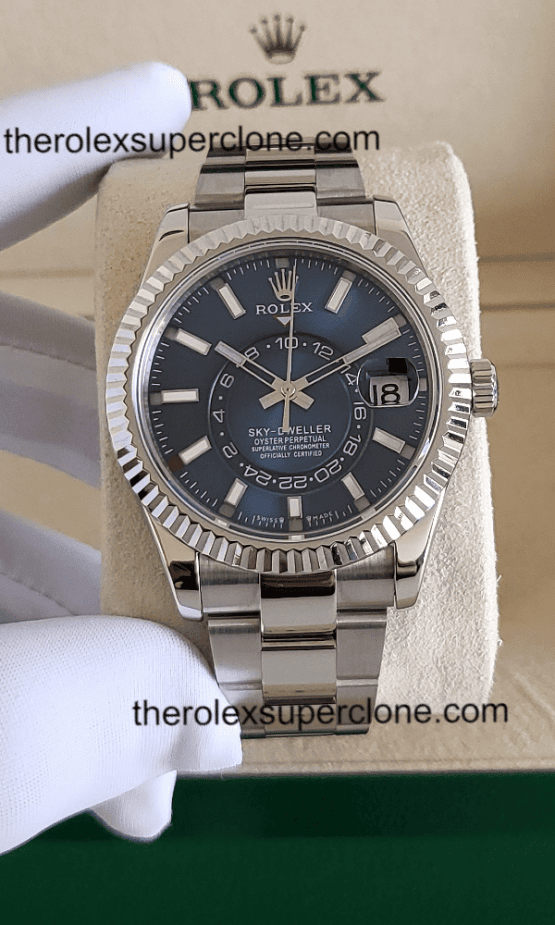 Rolex Sky-Dweller 1:1 Super Clone Oystersteel and White Gold Bright Blue Dial 9002 Swiss Movement Replica Watch Ref-336934