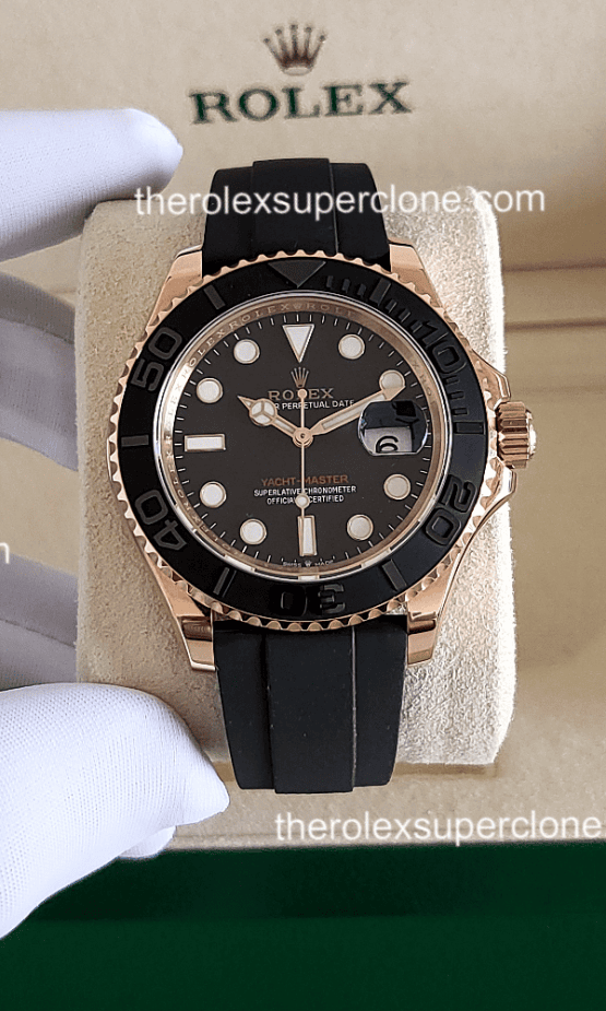 Rolex Yacht-Master 1:1 Super Clone Everose Gold Oysterflex Intense Black Dial 3235 Swiss Movement Replica Watch Ref-126655