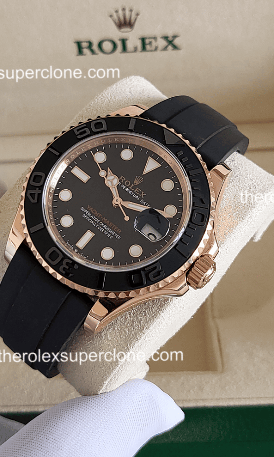 Rolex Yacht-Master 1:1 Super Clone Everose Gold Oysterflex Intense Black Dial 3235 Swiss Movement Replica Watch Ref-126655