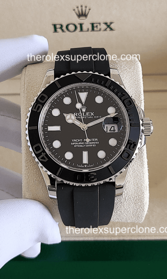 Rolex Yacht-Master 1:1 Super Clone White Gold Oysterflex Intense Black Dial 3235 Swiss Movement Replica Watch Ref-126655