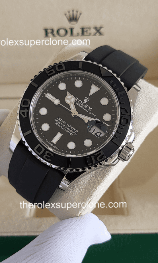 Rolex Yacht-Master 1:1 Super Clone White Gold Oysterflex Intense Black Dial 3235 Swiss Movement Replica Watch Ref-126655