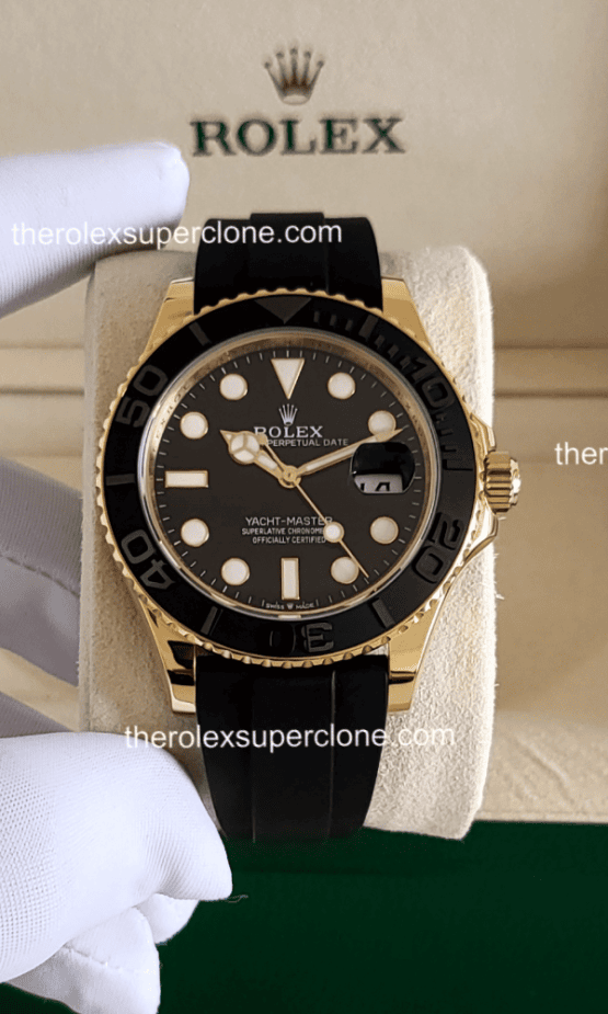 Rolex Yacht-Master 1:1 Super Clone Yellow Gold Oysterflex Black Dial 3235 Swiss Movement Replica Watch Ref-226658