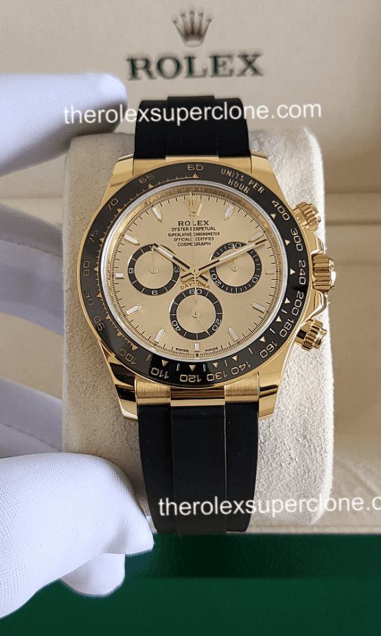 Rolex Cosmograph Daytona 1:1 Super Clone 18kt Yellow Gold Oysterflex Golden Dial 4131 Swiss Movement Replica Watch Ref-126518LN