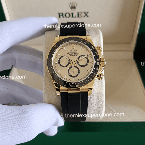 Rolex Cosmograph Daytona 1:1 Super Clone 18kt Yellow Gold Oysterflex Golden Dial 4131 Swiss Movement Replica Watch Ref-126518LN