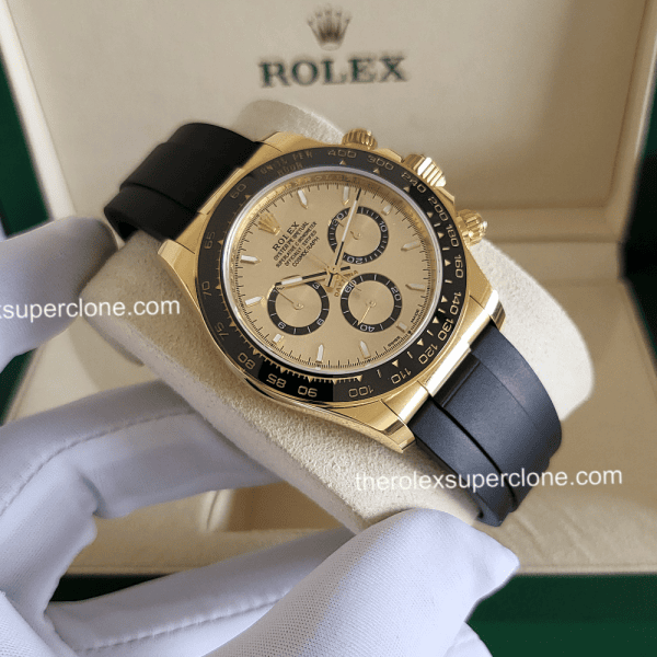 Rolex Cosmograph Daytona 1:1 Super Clone 18kt Yellow Gold Oysterflex Golden Dial 4131 Swiss Movement Replica Watch Ref-126518LN