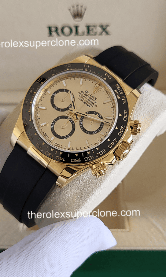 Rolex Cosmograph Daytona 1:1 Super Clone 18kt Yellow Gold Oysterflex Golden Dial 4131 Swiss Movement Replica Watch Ref-126518LN