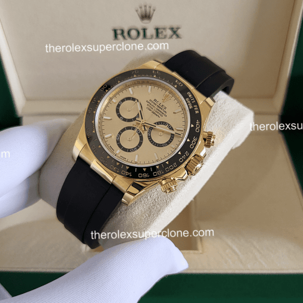 Rolex Cosmograph Daytona 1:1 Super Clone 18kt Yellow Gold Oysterflex Golden Dial 4131 Swiss Movement Replica Watch Ref-126518LN