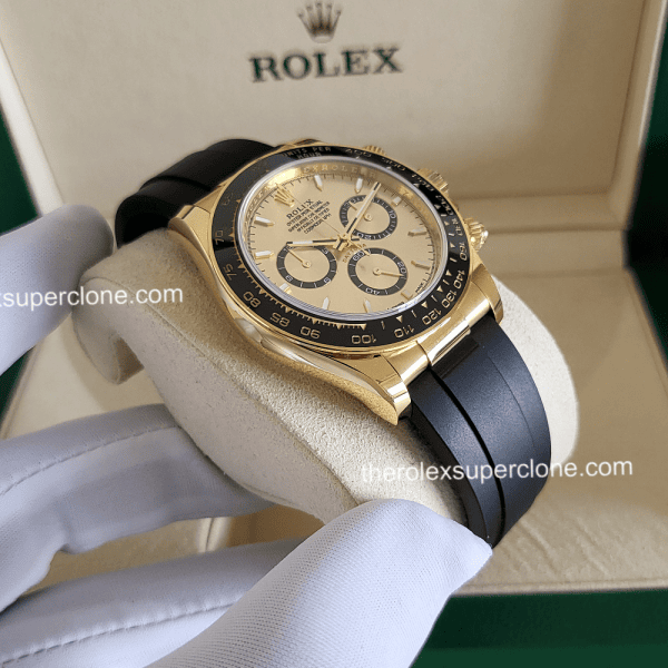 Rolex Cosmograph Daytona 1:1 Super Clone 18kt Yellow Gold Oysterflex Golden Dial 4131 Swiss Movement Replica Watch Ref-126518LN