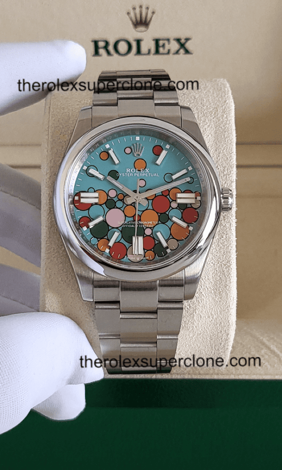 Rolex Oyster Perpetual 1:1 Super Clone Stainless Steel Turquoise Blue Celebration Motif Dial 3230 Swiss Movement Replica Watch Ref-124300