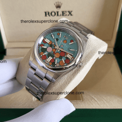 Rolex Oyster Perpetual 1:1 Super Clone Stainless Steel Turquoise Blue Celebration Motif Dial 3230 Swiss Movement Replica Watch Ref-124300