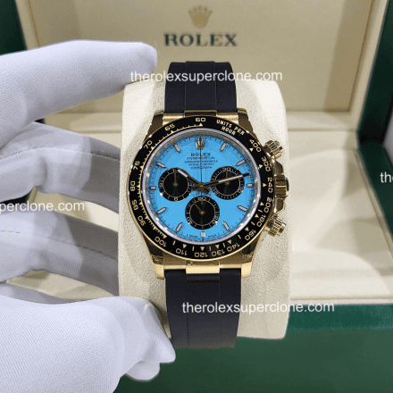 Rolex Cosmograph Daytona 11 Super Clone 18kt Yellow Gold Oysterflex Turquoise Blue and Black Dial 4131 Swiss Movement Replica Watch Ref-126518LN (1)